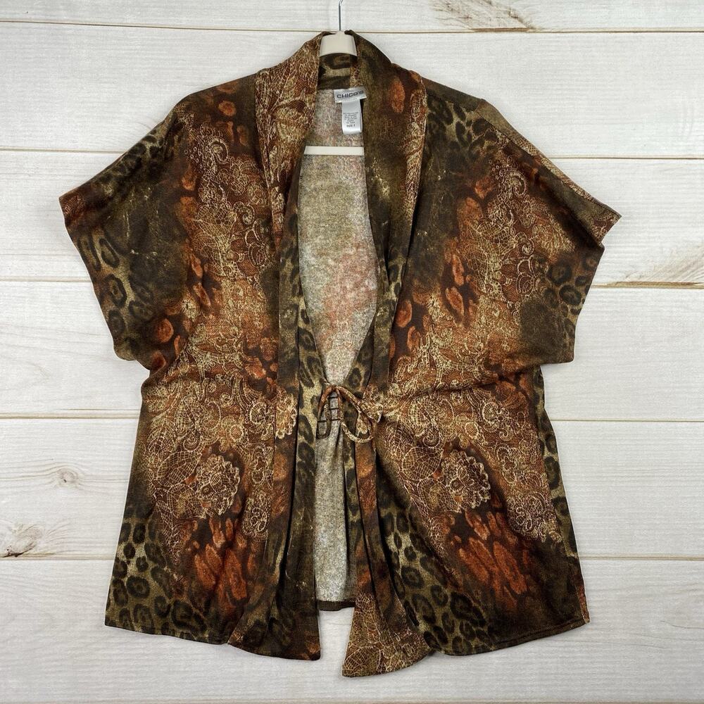 Chico's Cardigan Sz 2 L Brown Animal Print Tie Front USA Made Retro 90s Y2K Knit